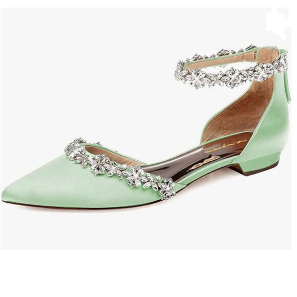 XYD Palegreen Pointed Toe D'Orsay Wedding Flat Sandals Rhinestone Ankle Strap - Picture 1 of 6